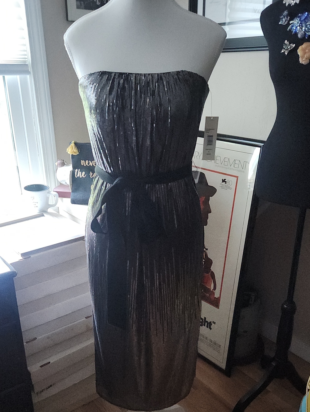 Badgley Mischka Strapless Metallic Black Sheath Dress